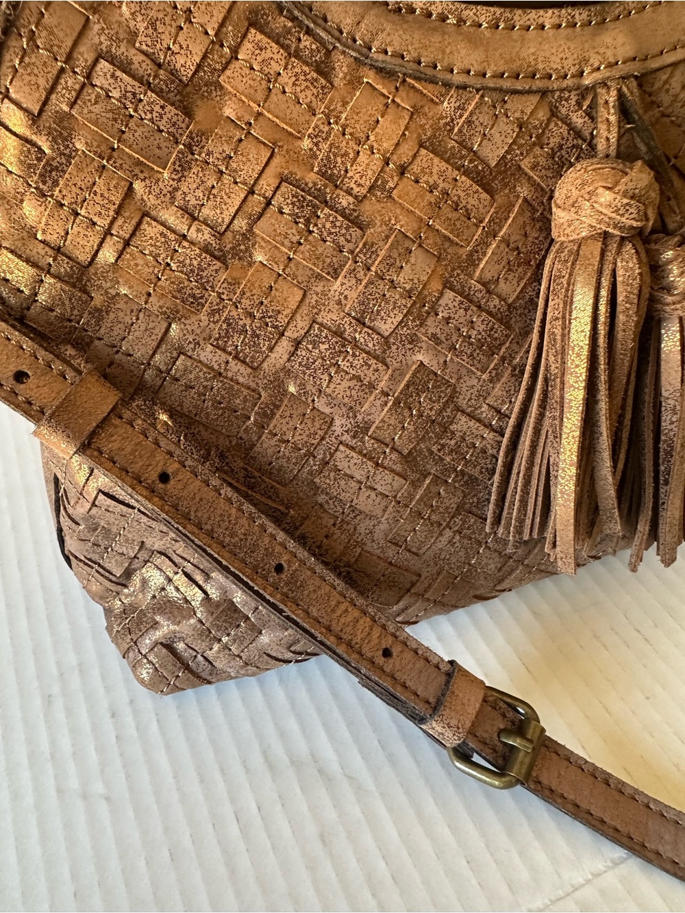 Patricia Nash Leather Braided Clutch CutOut Satchel Crossbody Strap Bronze Brown - Picture 10 of 11